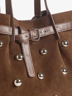 Friends Like These Chocolate Brown Faux Suede Studded Tote Bag
