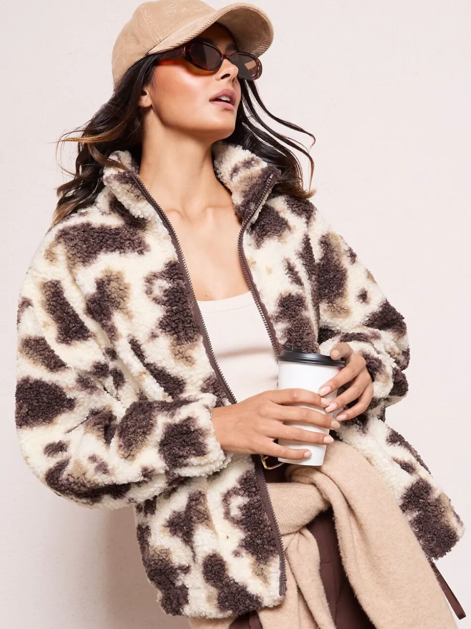 Friends Like These Cream Cow Print Full Zip Borg Jacket