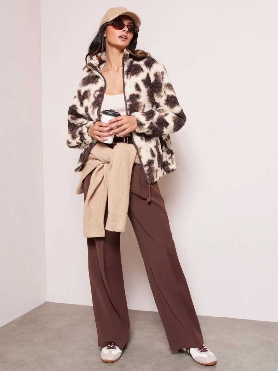 Friends Like These Cream Cow Print Full Zip Borg Jacket