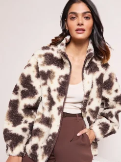 Friends Like These Cream Cow Print Full Zip Borg Jacket