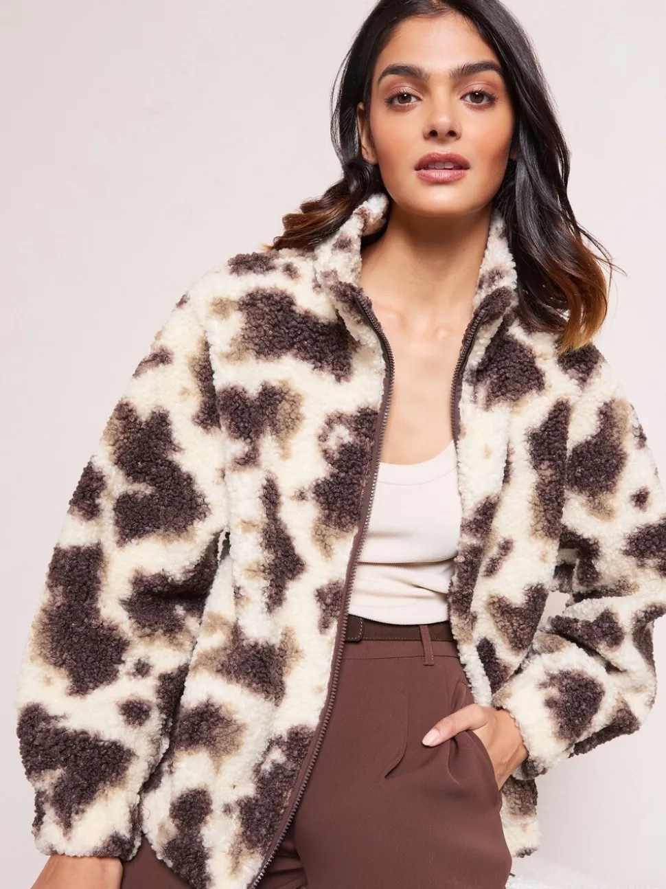 Friends Like These Cream Cow Print Full Zip Borg Jacket