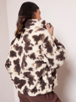 Friends Like These Cream Cow Print Full Zip Borg Jacket
