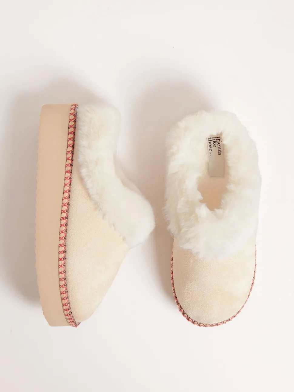 Friends Like These Cream Faux Fur Cuff Embroidered Tape Nightwear Mule Slippers
