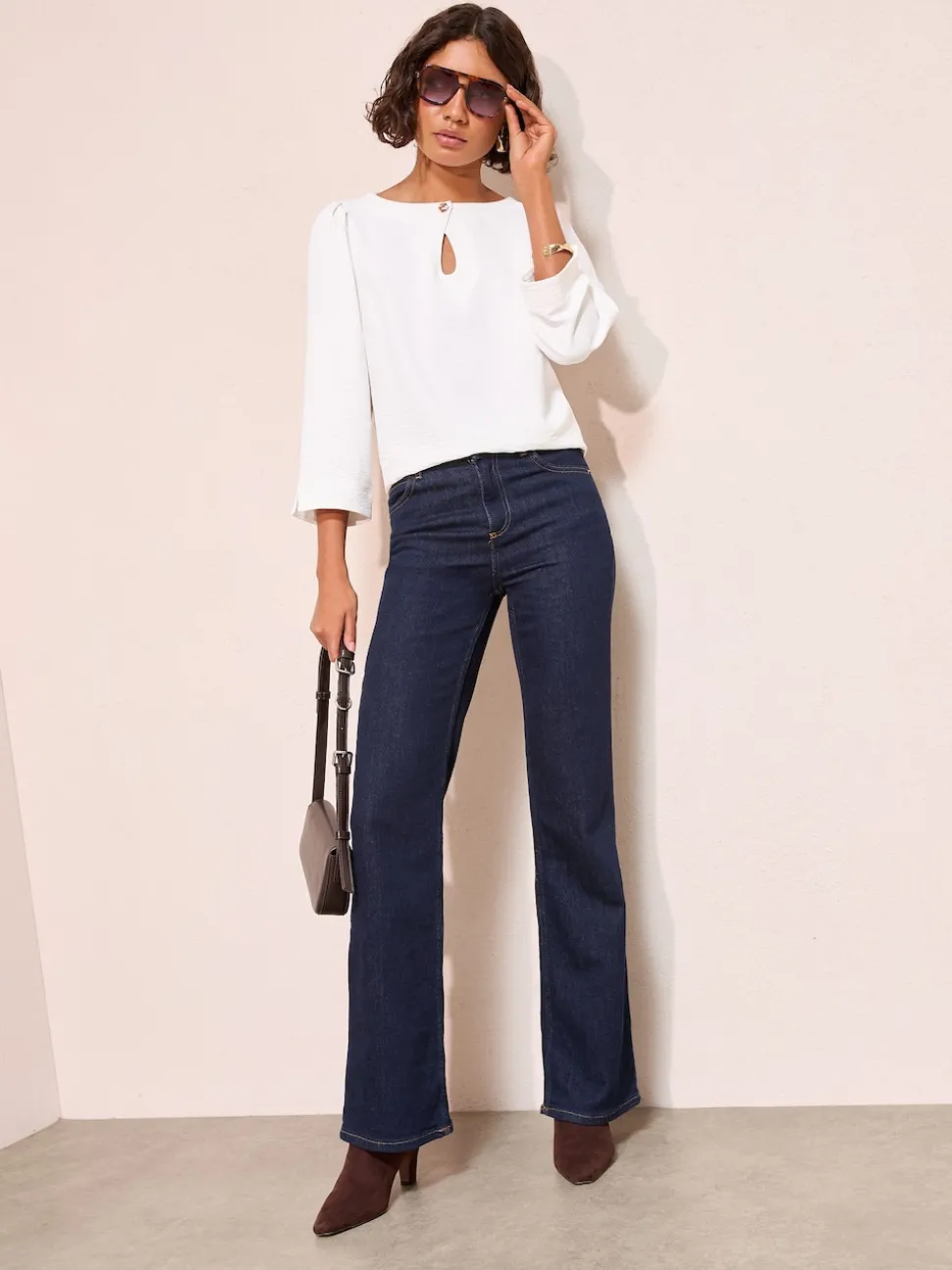 Friends Like These Cream 3/4 Sleeve Keyhole Front Hardware Detail Blouse