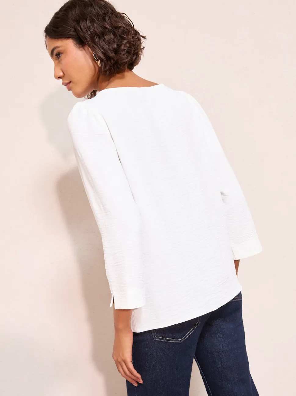 Friends Like These Cream 3/4 Sleeve Keyhole Front Hardware Detail Blouse