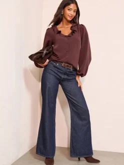 Friends Like These Fig Purple Long Sleeve Button Front Ruffle Blouse