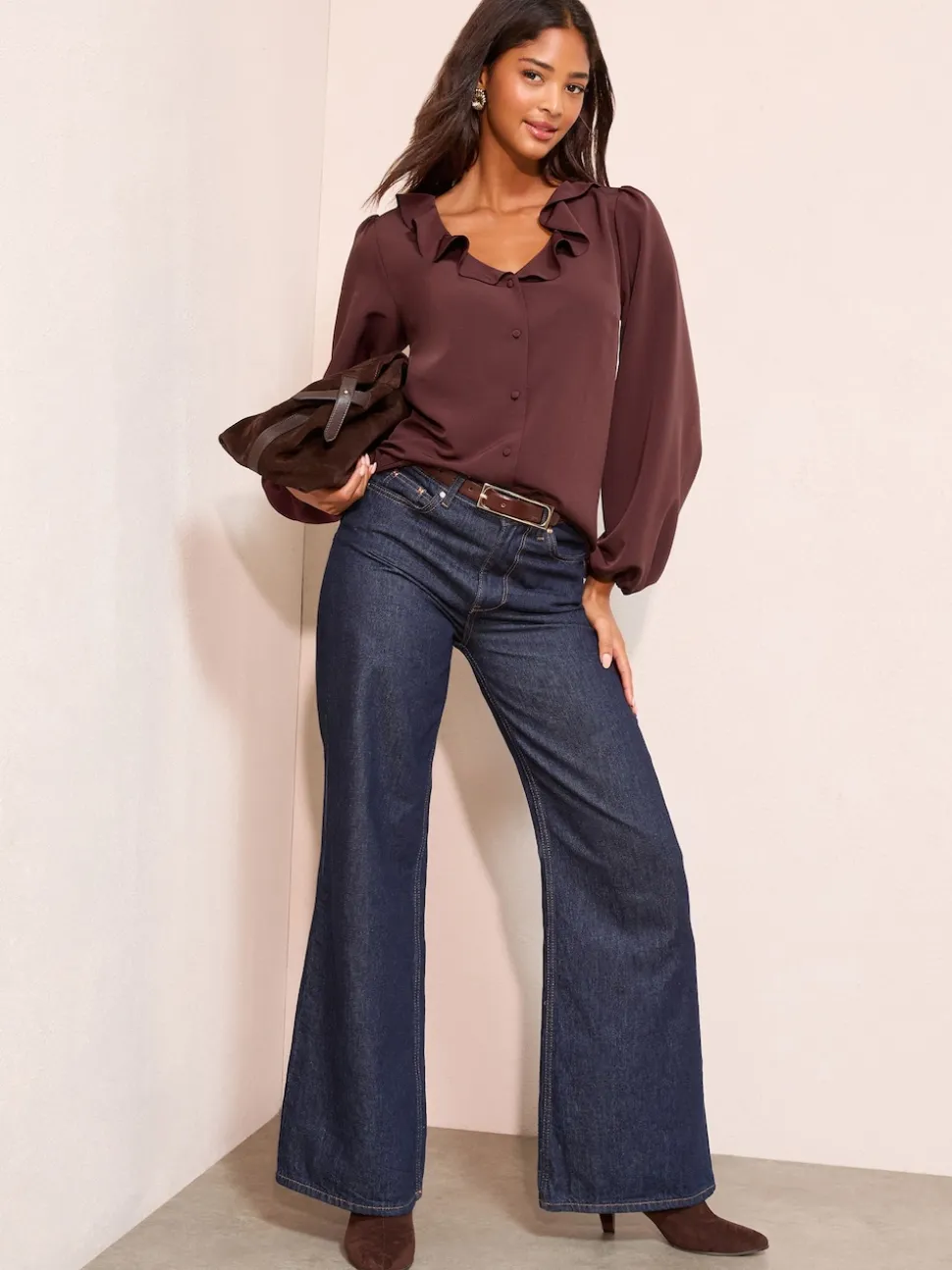 Friends Like These Fig Purple Long Sleeve Button Front Ruffle Blouse