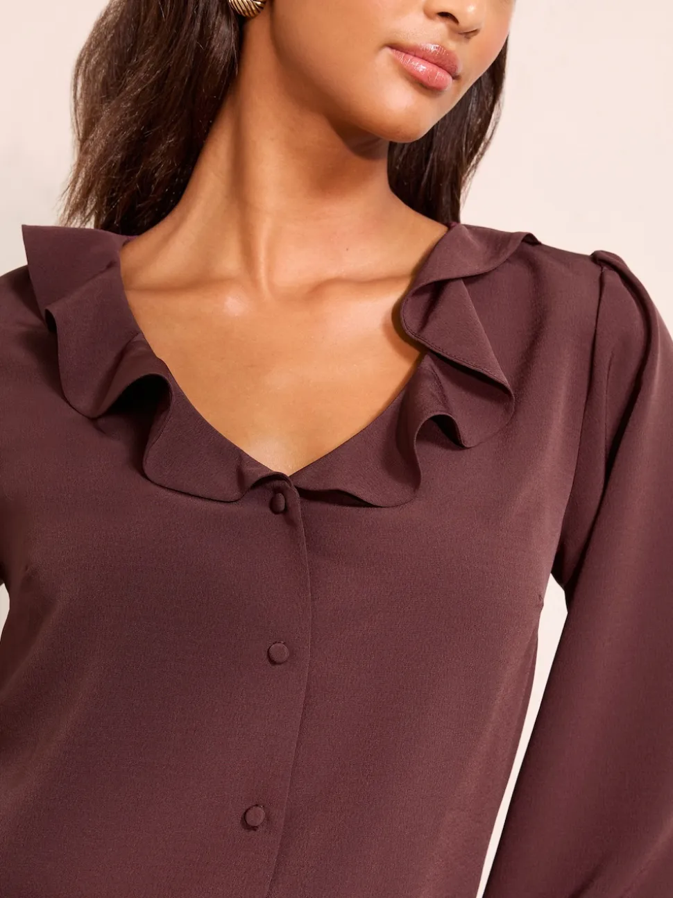 Friends Like These Fig Purple Long Sleeve Button Front Ruffle Blouse