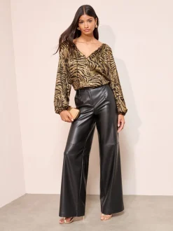 Friends Like These Gold Zebra Print Long Sleeve Bubble Hem Tie Neck Blouse