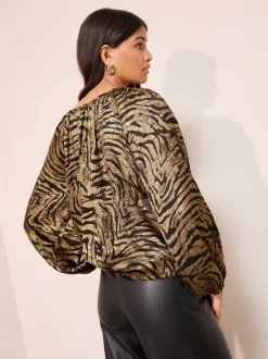 Friends Like These Gold Zebra Print Long Sleeve Bubble Hem Tie Neck Blouse