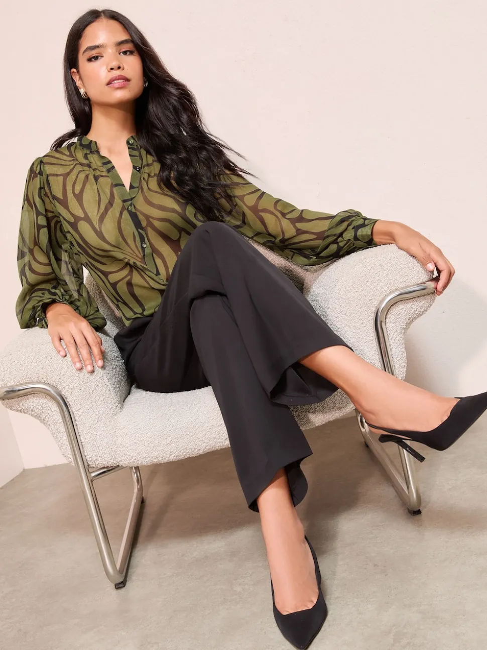 Friends Like These Green Floral Print Collarless Long Sleeve Chiffon Blouse