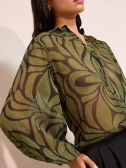 Friends Like These Green Floral Print Collarless Long Sleeve Chiffon Blouse