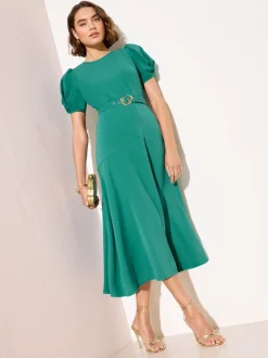 Friends Like These Green Ruched Short Sleeve Belted Midi Dress