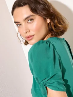Friends Like These Green Ruched Short Sleeve Belted Midi Dress
