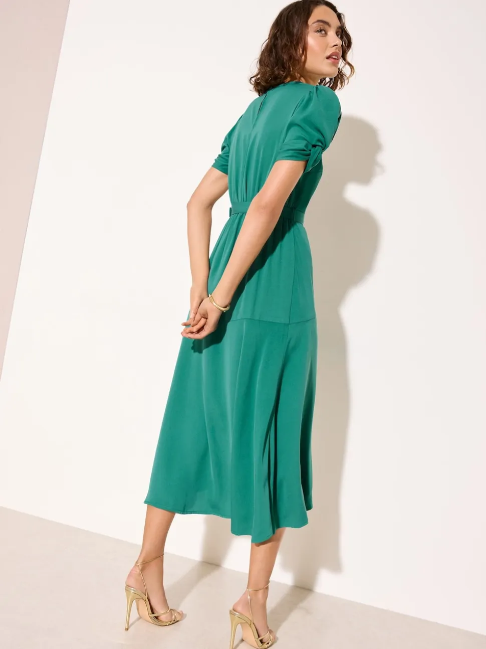 Friends Like These Green Ruched Short Sleeve Belted Midi Dress