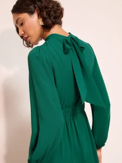 Friends Like These Green High Neck Long Sleeve Midi Dress with Bow Detailing