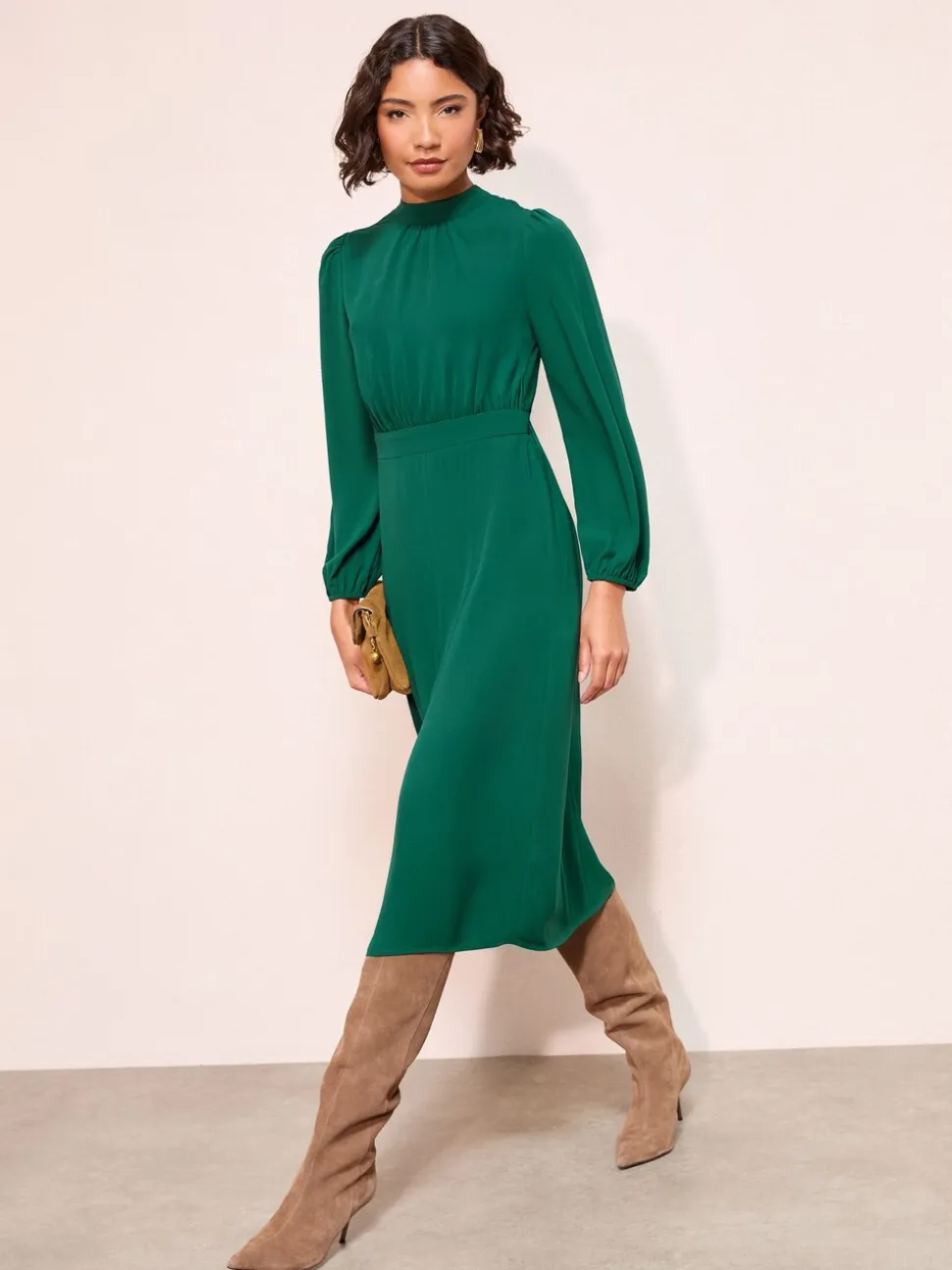 Friends Like These Green High Neck Long Sleeve Midi Dress with Bow Detailing