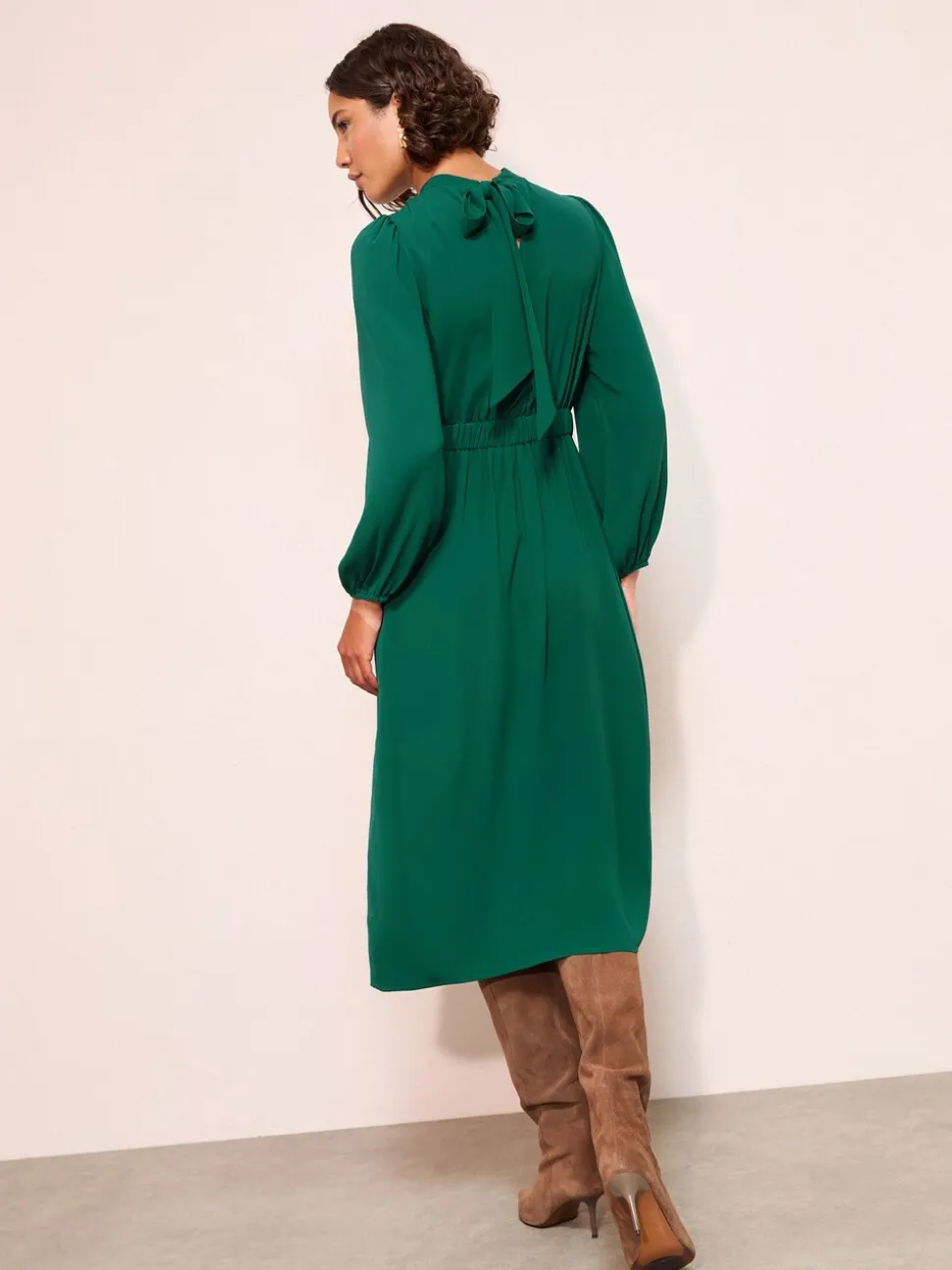 Friends Like These Green High Neck Long Sleeve Midi Dress with Bow Detailing