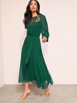 Friends Like These Green Lace Yoke Long Sleeve Pleated Chiffon Midi Dress