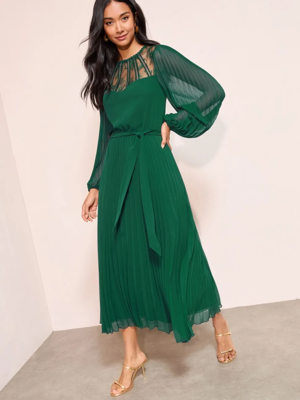Friends Like These Green Lace Yoke Long Sleeve Pleated Chiffon Midi Dress