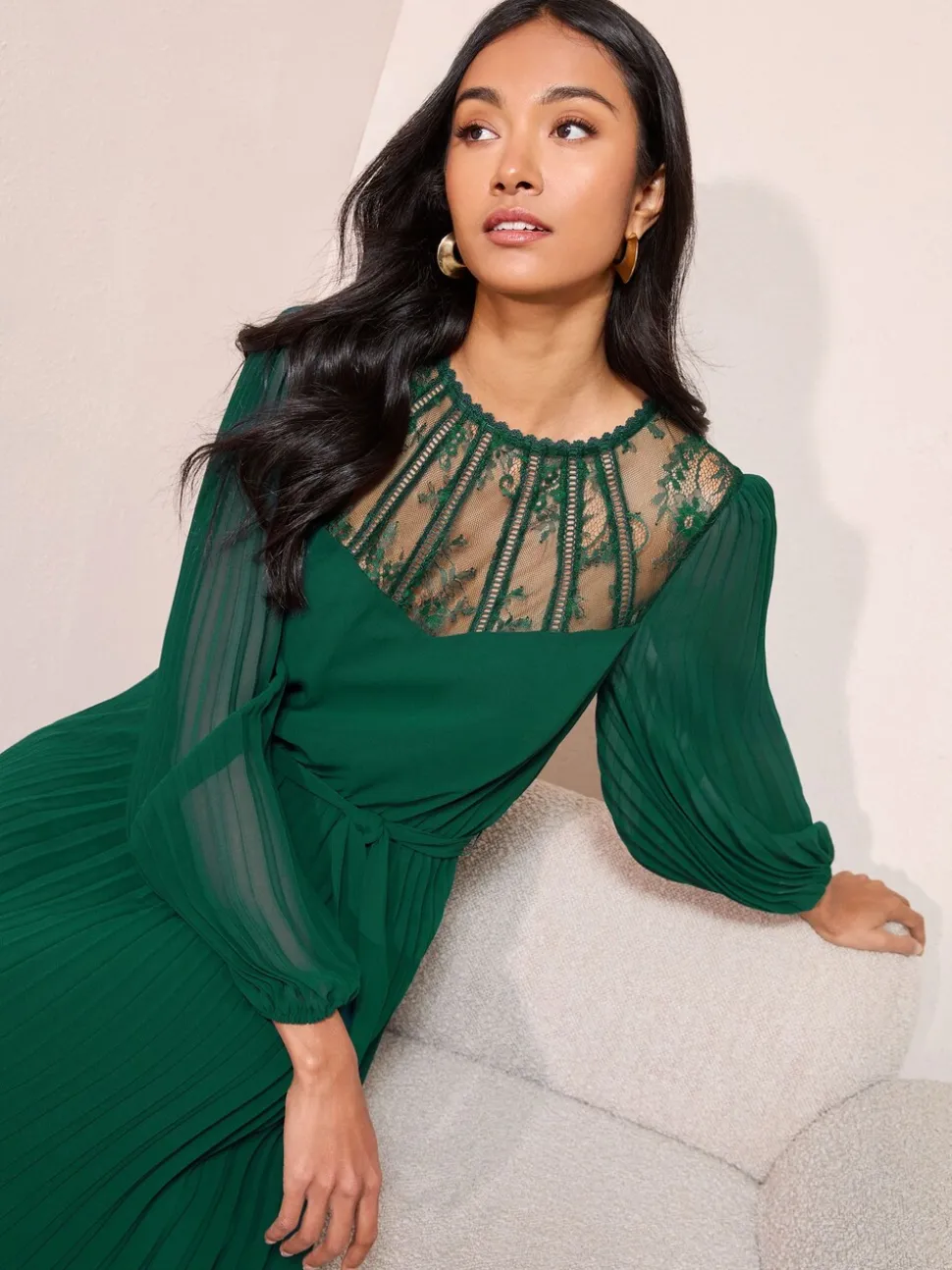 Friends Like These Green Lace Yoke Long Sleeve Pleated Chiffon Midi Dress