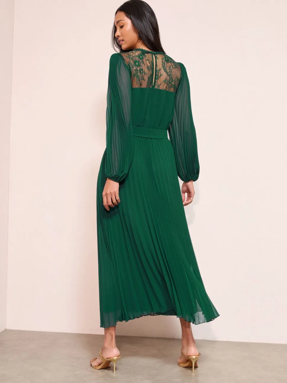 Friends Like These Green Lace Yoke Long Sleeve Pleated Chiffon Midi Dress