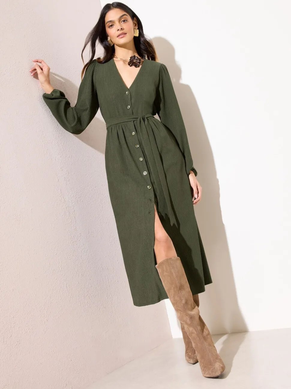 Friends Like These Khaki Green Petite Long Sleeve Tie Waist Button Up Textured Midi Dress