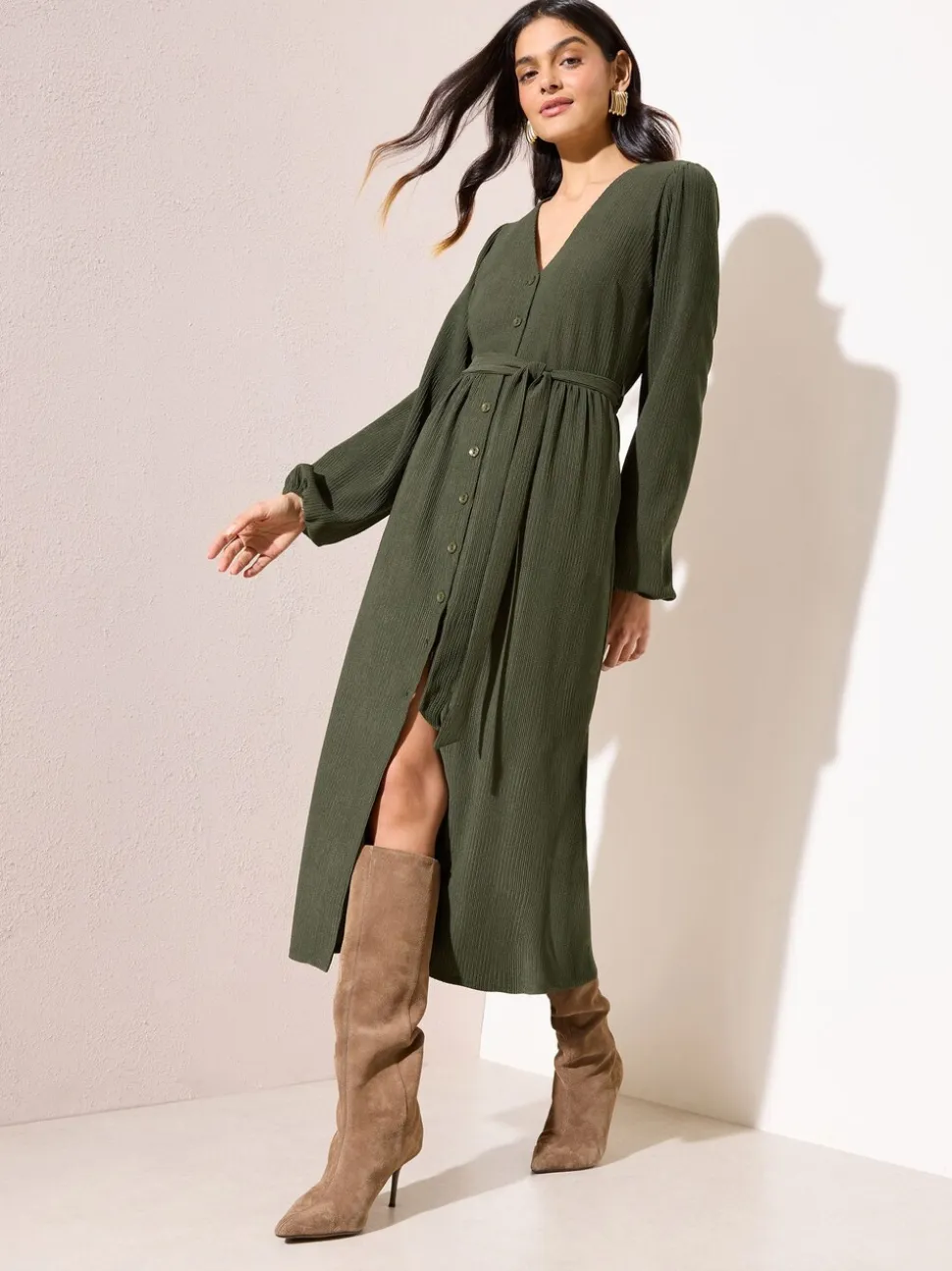 Friends Like These Khaki Green Petite Long Sleeve Tie Waist Button Up Textured Midi Dress