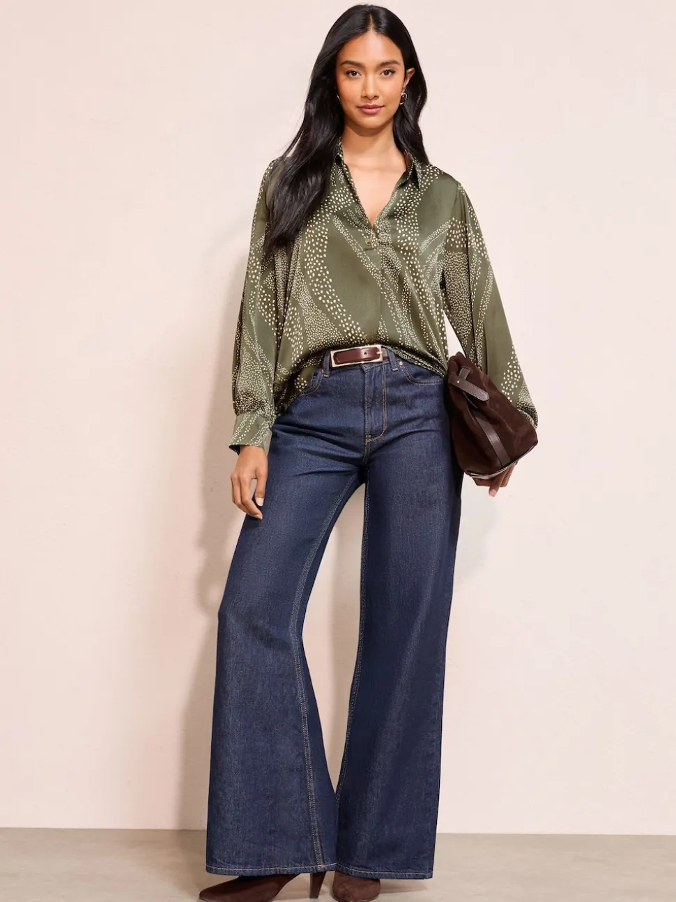 Friends Like These Khaki Print Long Sleeve Button Detail Collared Blouse