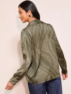 Friends Like These Khaki Print Long Sleeve Button Detail Collared Blouse