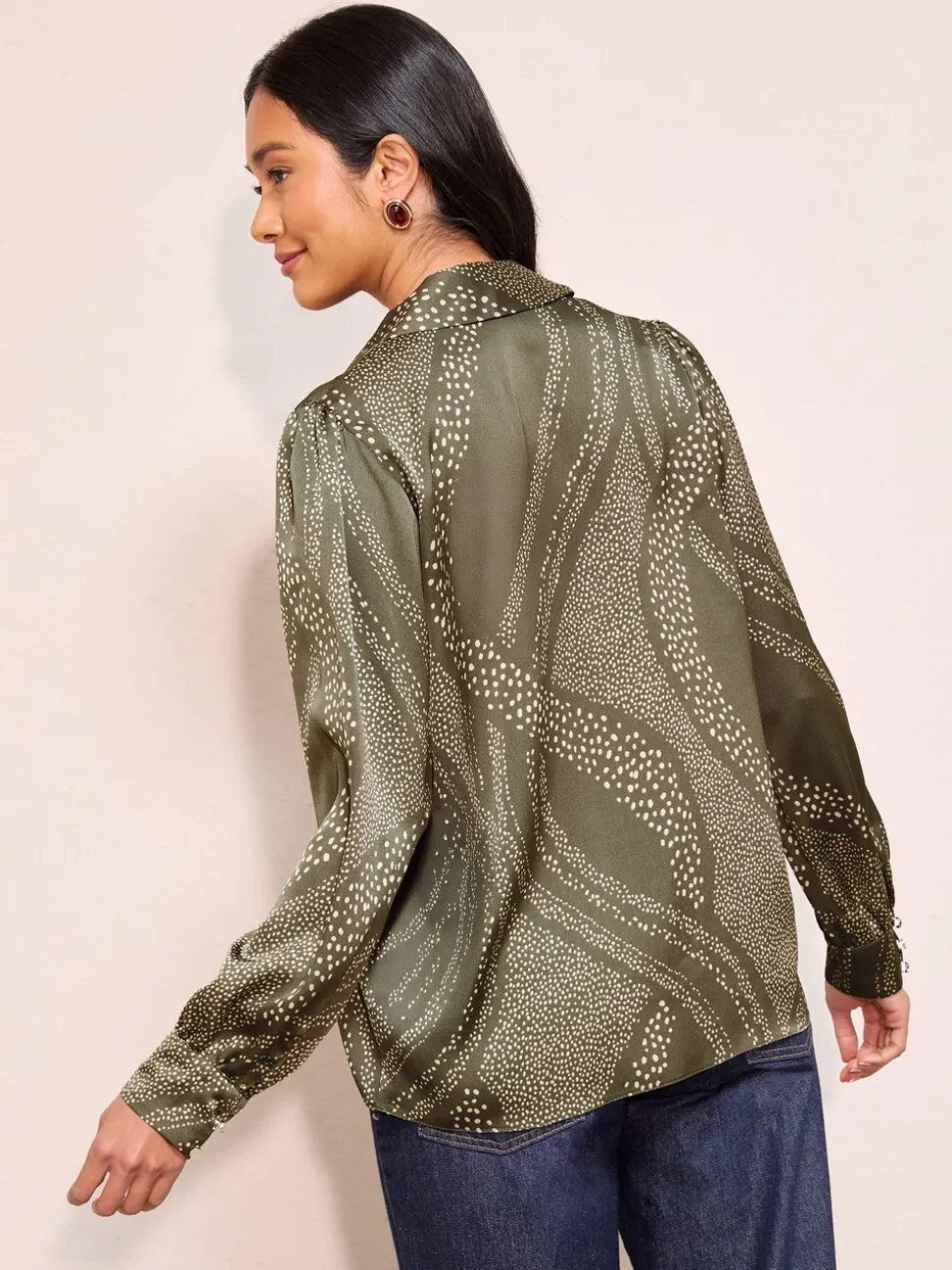 Friends Like These Khaki Print Long Sleeve Button Detail Collared Blouse