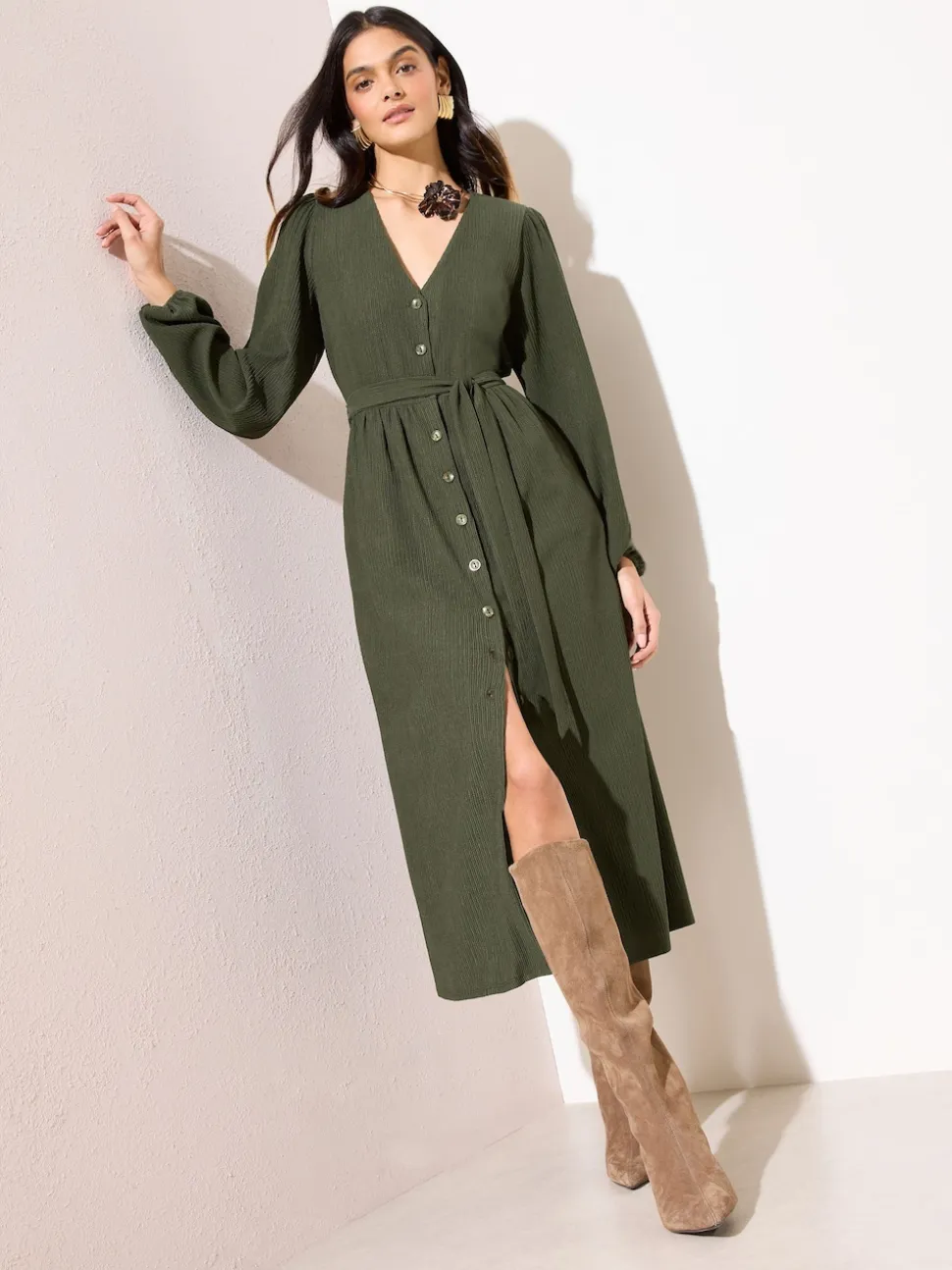 Friends Like These Khaki Green Long Sleeve Tie Waist Button Up Textured Midi Dress