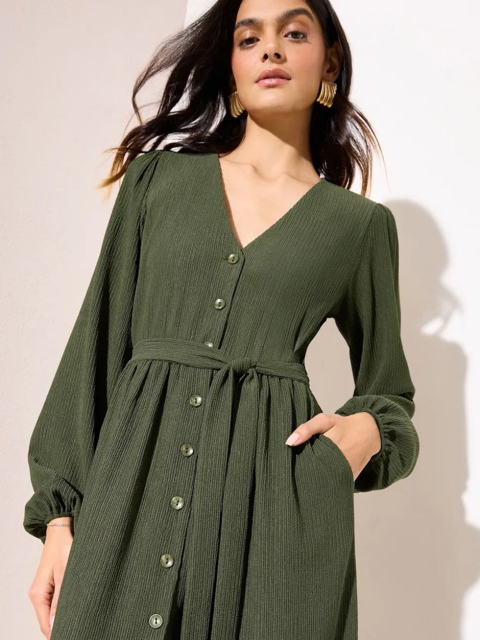 Friends Like These Khaki Green Long Sleeve Tie Waist Button Up Textured Midi Dress