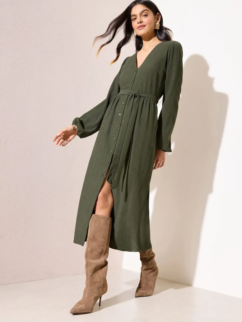 Friends Like These Khaki Green Long Sleeve Tie Waist Button Up Textured Midi Dress