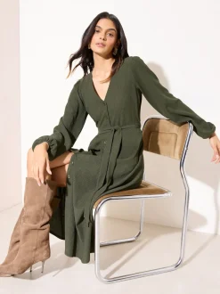 Friends Like These Khaki Green Long Sleeve Tie Waist Button Up Textured Midi Dress