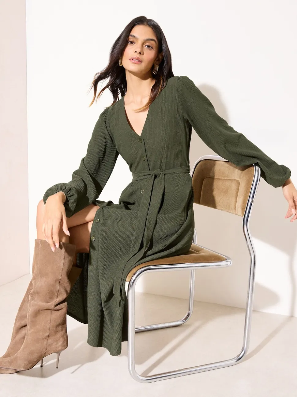 Friends Like These Khaki Green Long Sleeve Tie Waist Button Up Textured Midi Dress