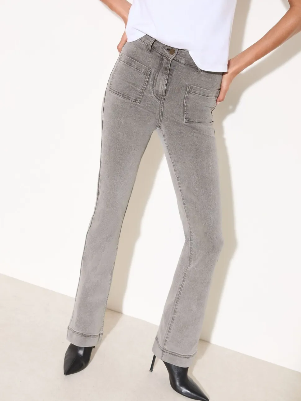 Friends Like These Light Grey Petite High Waist Pocket Flare Jeans