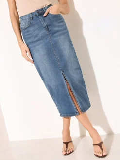 Friends Like These Mid Blue Split Front Denim Midi Skirt