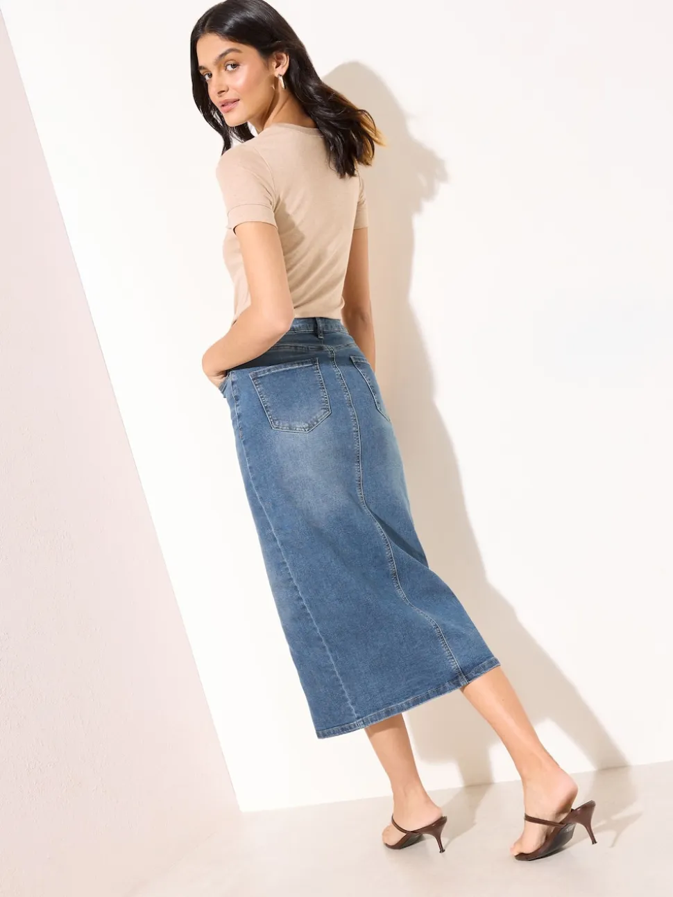 Friends Like These Mid Blue Split Front Denim Midi Skirt