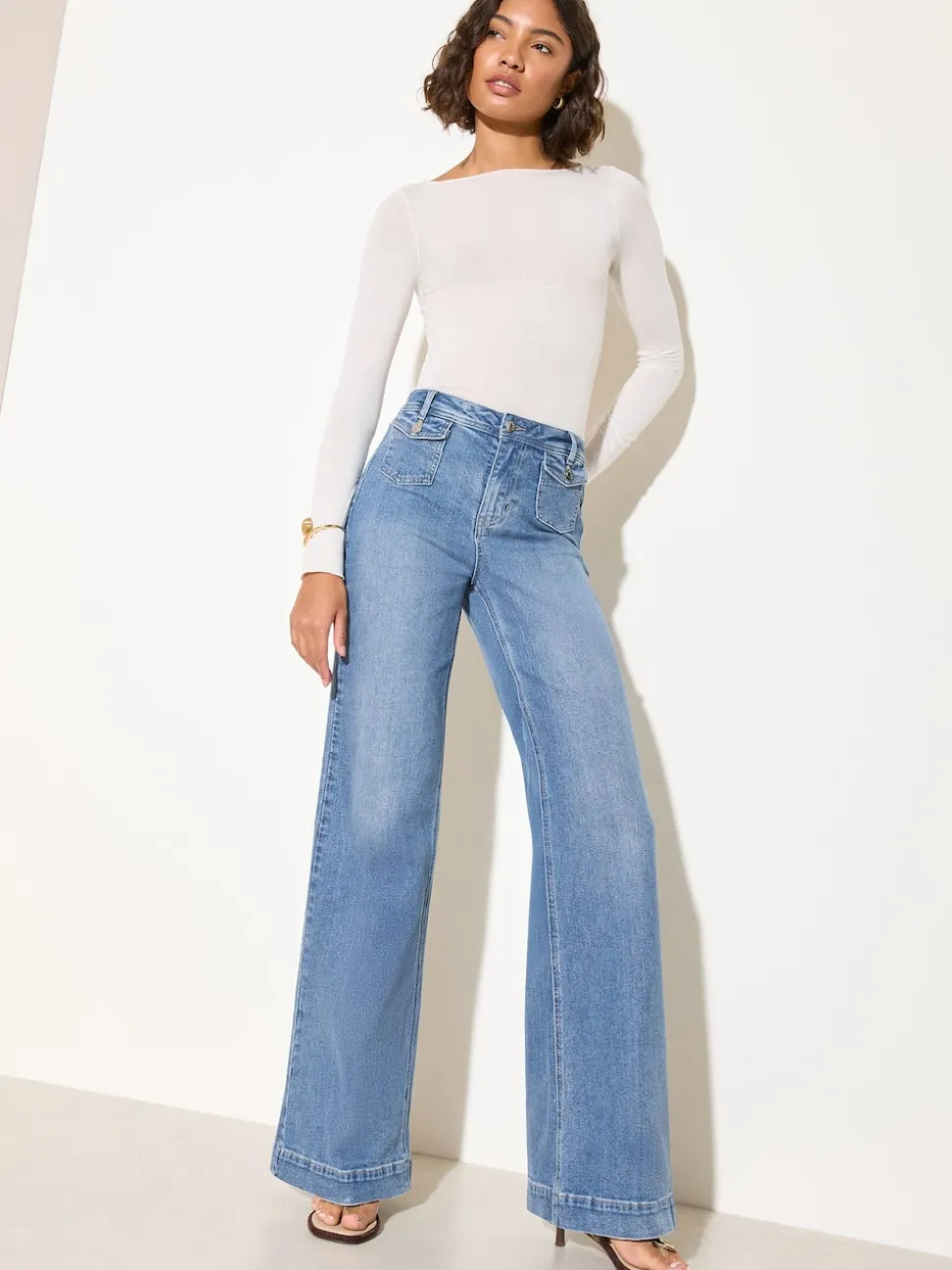 Friends Like These Mid Blue Denim Petite Pocket Tailored Wide Leg Jeans