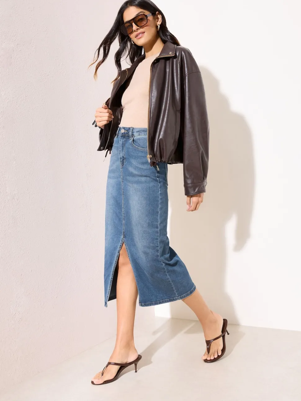 Friends Like These Mid Blue Petite Split Front Denim Midi Skirt
