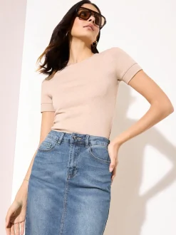 Friends Like These Mid Blue Petite Split Front Denim Midi Skirt