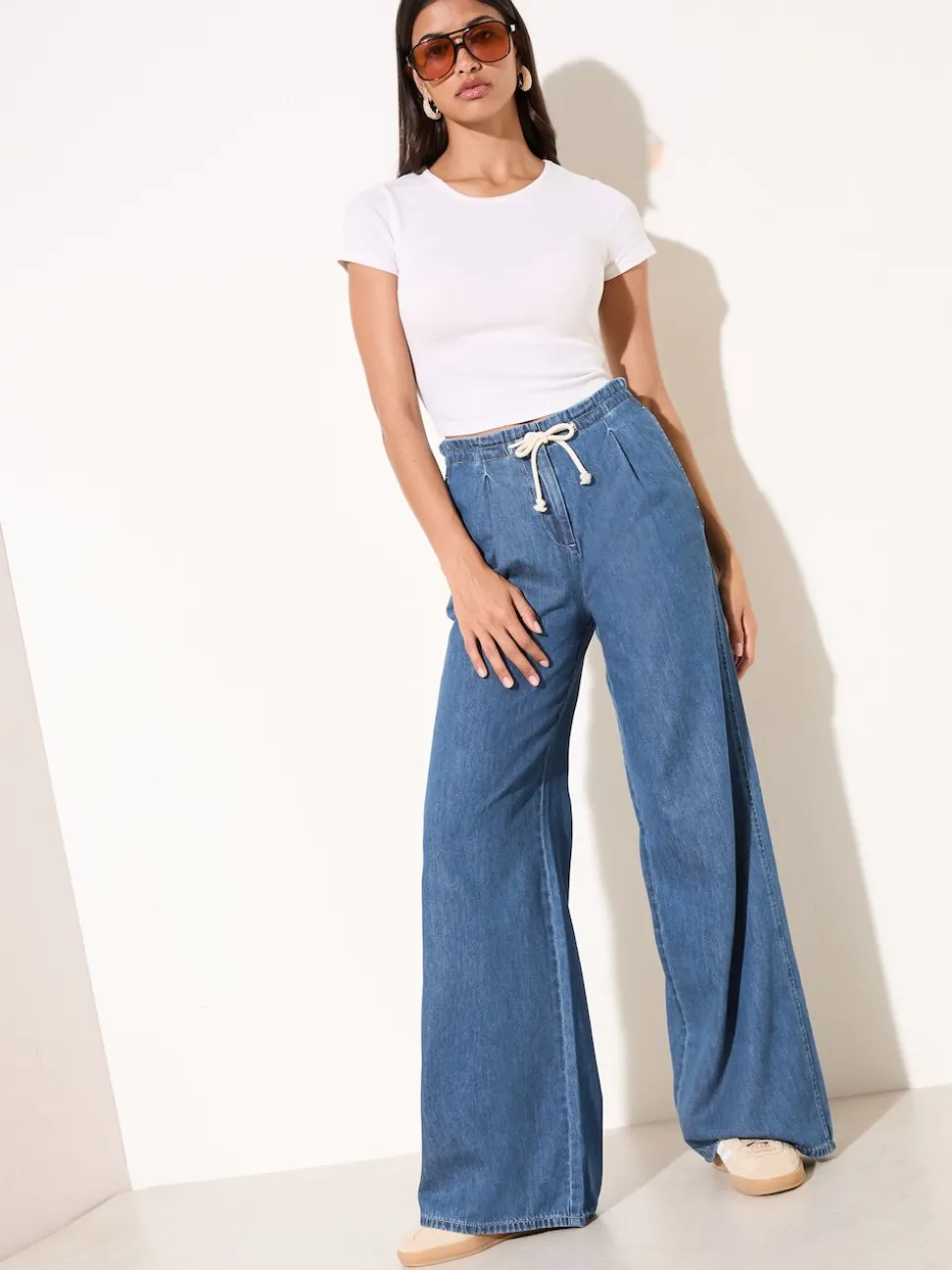 Friends Like These Mid Wash Tie Waist Pleat Front Wide Leg Jeans