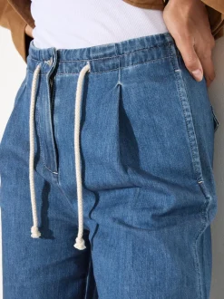 Friends Like These Mid Wash Tie Waist Pleat Front Wide Leg Jeans