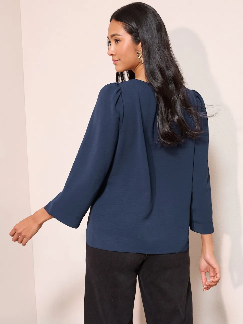 Friends Like These Navy 3/4 Sleeve Keyhole Front Hardware Detail Blouse
