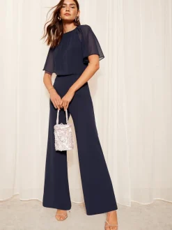 Friends Like These Navy Blue Chiffon Flutter Sleeve Scuba Jumpsuit