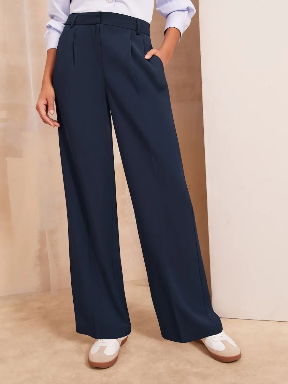 Friends Like These Navy Blue Premium Elastic Back Tailored Wide Leg Trousers