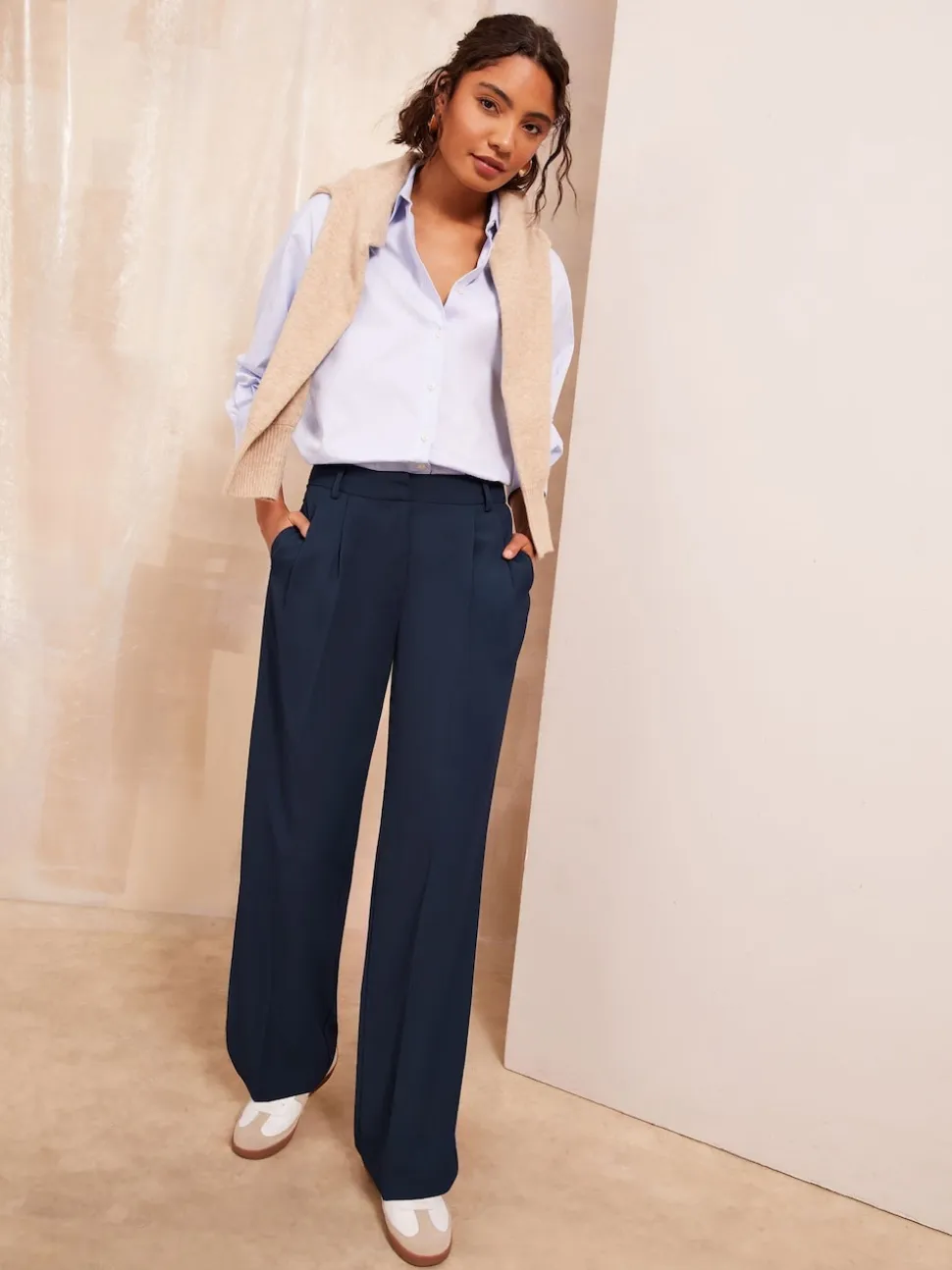 Friends Like These Navy Blue Premium Elastic Back Tailored Wide Leg Trousers