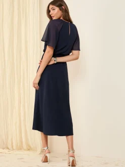 Friends Like These Navy Blue Scuba Chiffon Flutter Sleeve Midi Dress