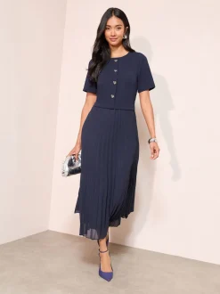Friends Like These Navy Blue Petite Button Down 2-In-1 Pleated Dress